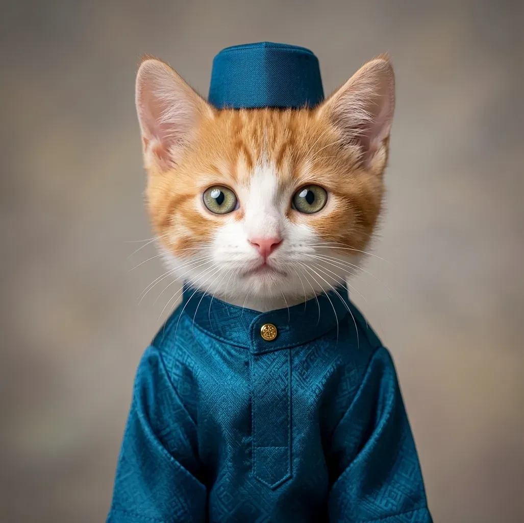 Anak kucing memakai baju Melayu biru dan songkok