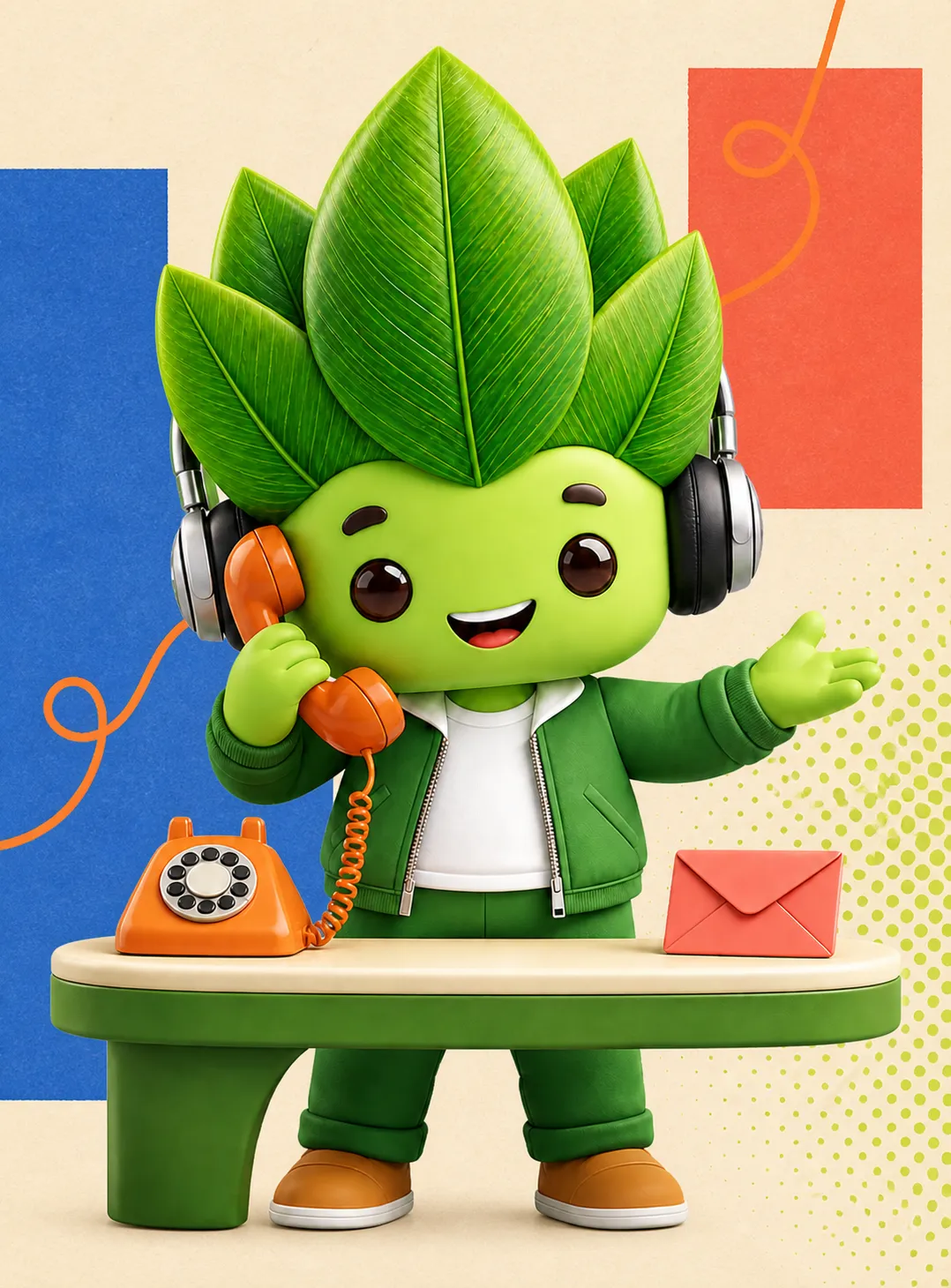 Maskot Kacau Daun memegang telefon untuk menghubungi Azmir