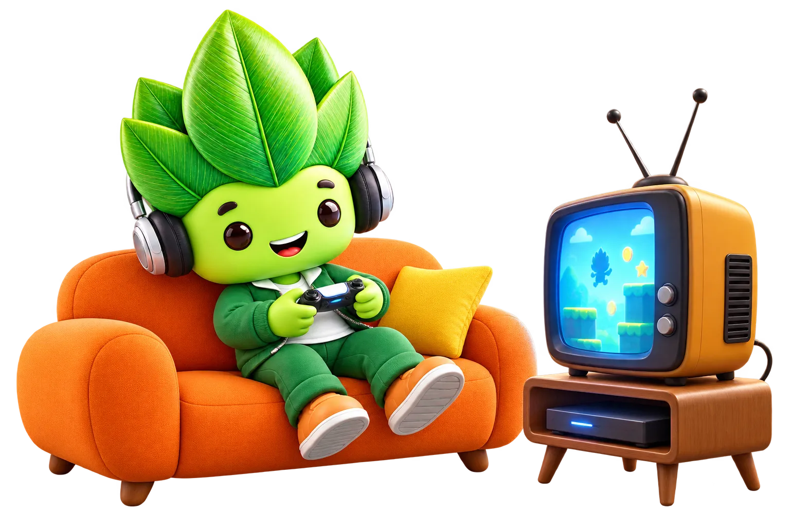 Kacau Daun bermain permainan video di atas sofa sambil menonton TV