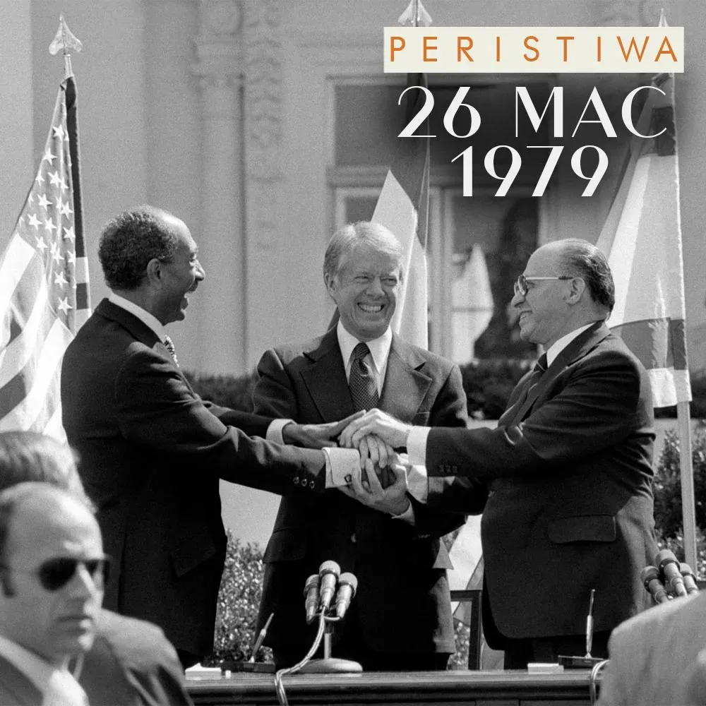 Gambar asal hitam putih perjanjian damai Mesir dan Israel