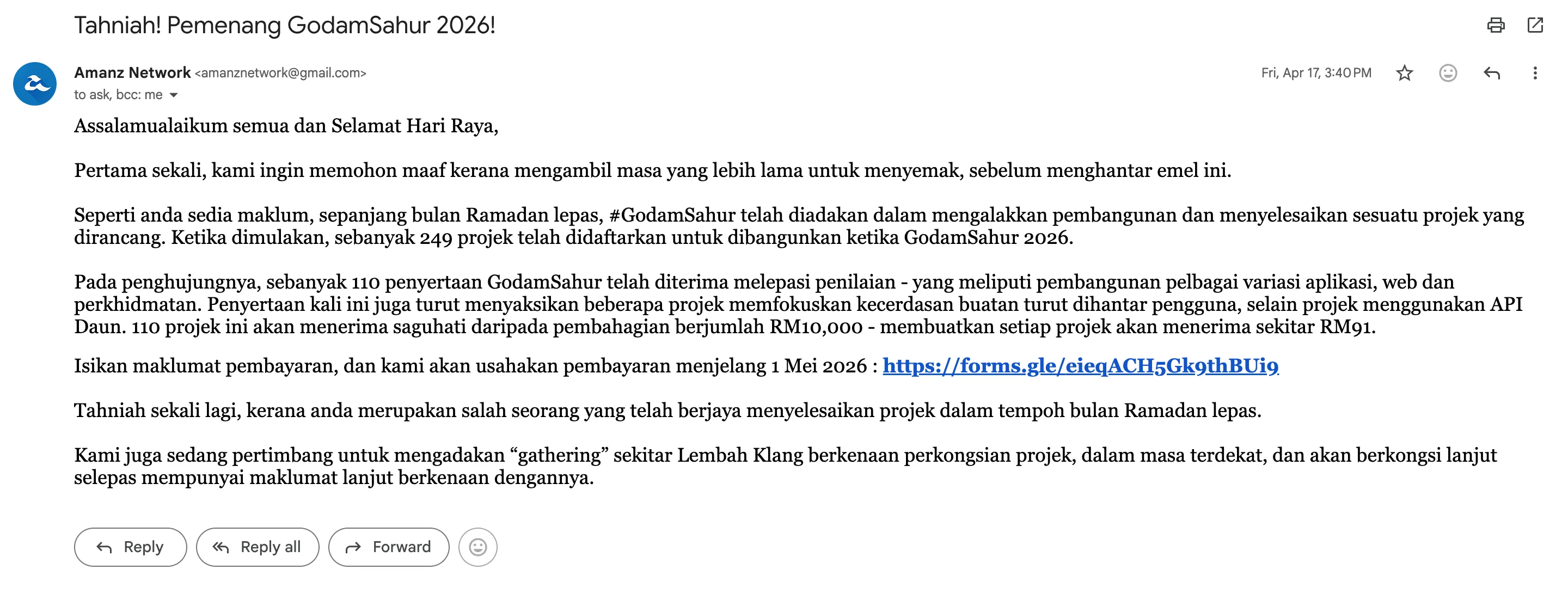 E-mel Amanz bertajuk Tahniah! Pemenang GodamSahur 2026!