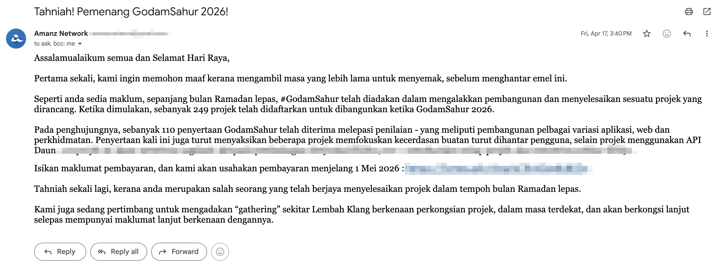 E-mel Amanz bertajuk Tahniah! Pemenang GodamSahur 2026!