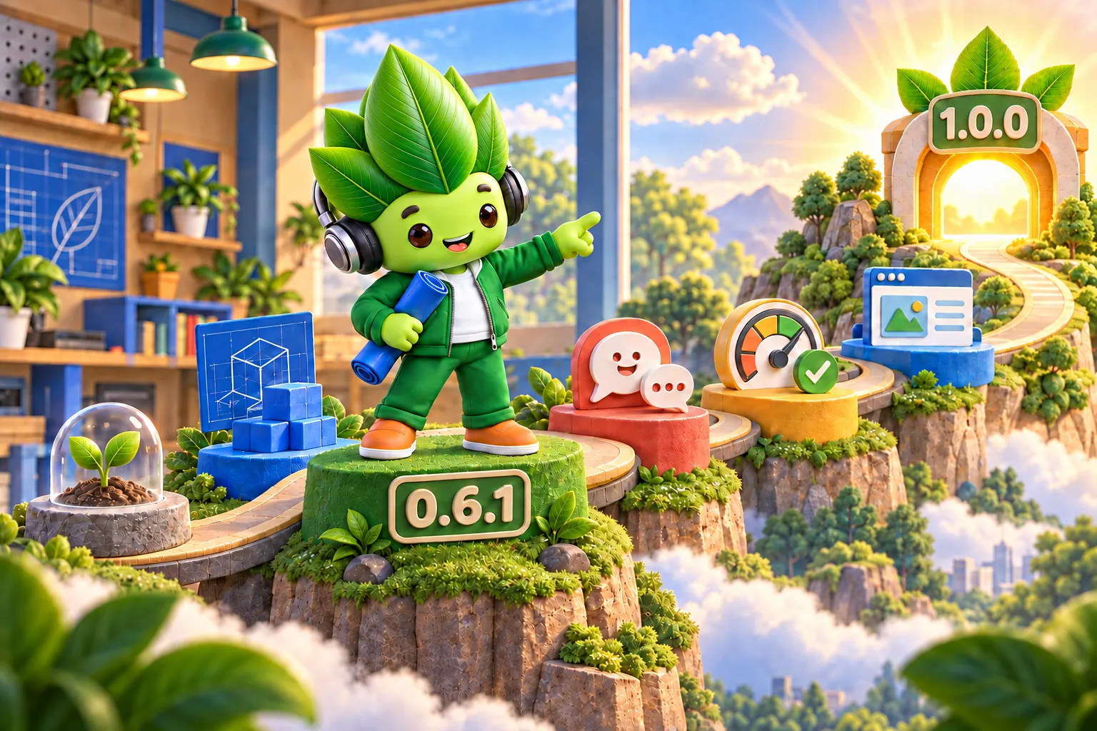 Maskot Kacau Daun berdiri di milestone versi 0.6.1 sambil melihat perjalanan menuju versi 1.0.0