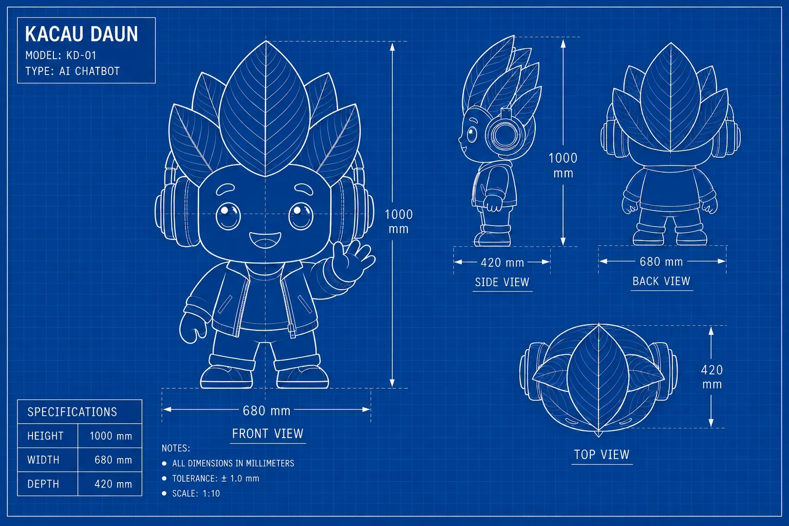 Pelan teknikal maskot Kacau Daun pada latar blueprint cobalt yang diperhalusi