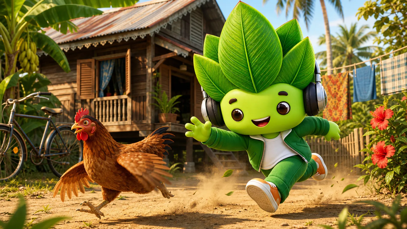 Maskot Kacau Daun mengejar ayam di halaman kampung