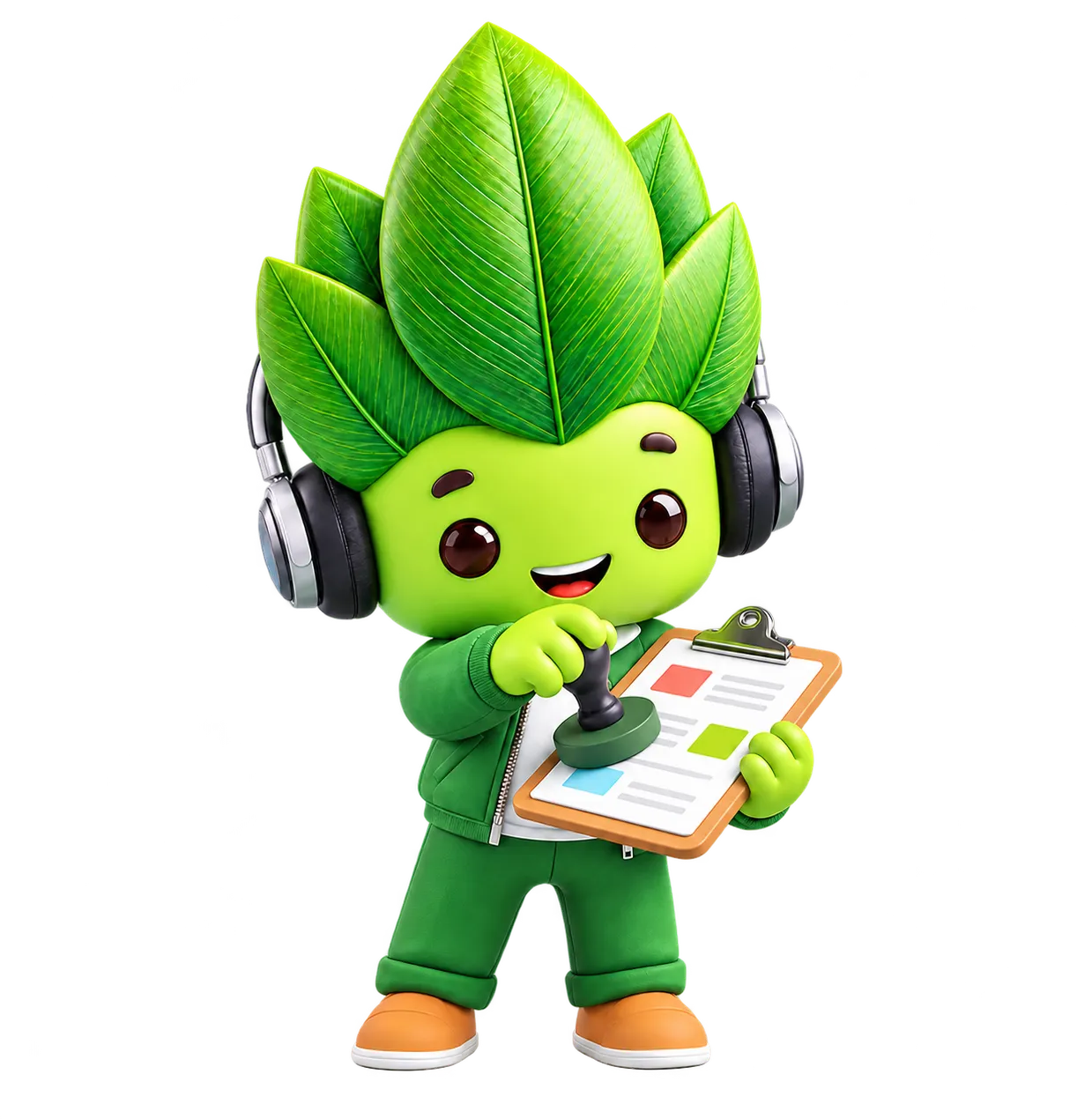 Maskot Kacau Daun memegang papan klip nota keluaran